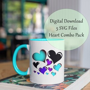 Süße Herzen Combo Pack 5 SVG Digital Downloads Verwendung für Tassen, Becher, Kissen, T-Shirts, Wandkunst, Grußkarten, Hüte, Taschen, Taschen, Bügeleisen