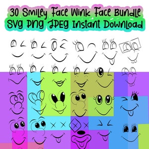 30 Smiley Faces Wink Faces Bundle Face Wink Download istantaneo per tazze cuscini T-shirt file tagliati per Cricut Silhouette Smiley con labbra