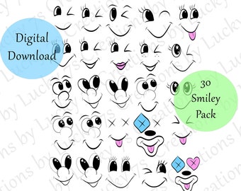 30 Wink Smiley Face Graphics, SVG PNG JPEG Bundle (Digital Download)