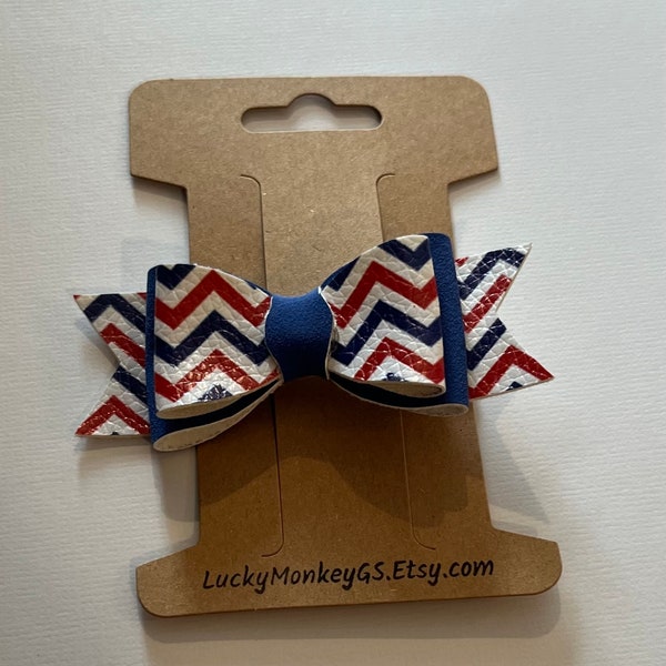 Chevron Chic: 3-Inch Bow with Blue Faux Leather and Red, White, and Blue Chevron Design