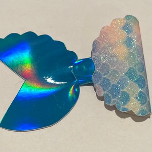 Ocean Serenade: Rainbow Scale Mermaid Tail Faux Leather Bow in Shimmering Blue