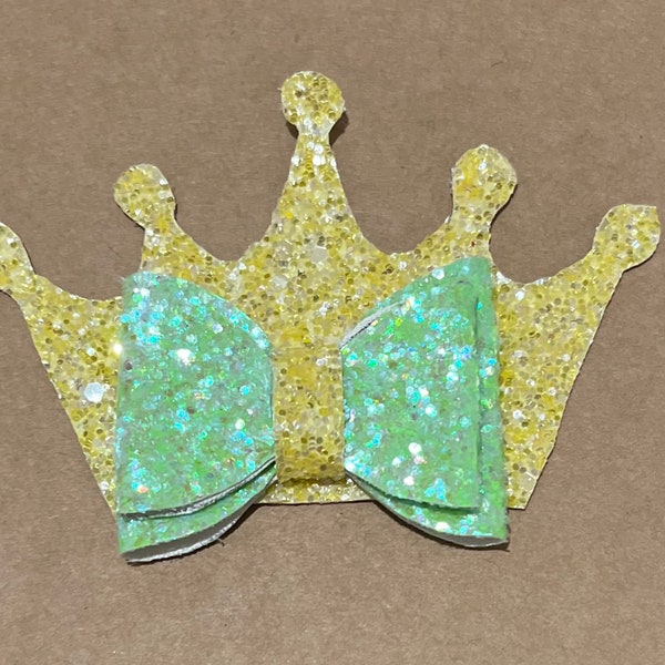 Resilient Royalty: Tiana-Inspired Faux Leather Bow with Gold Crown, Chunky Green Faux Leather-Embrace the Magic of Dreams and Determination!