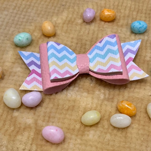 Whimsical Rainbow Chevron: 5-Inch Faux Leather Hair Bow with Playful Stripes and Light Pink Elegance