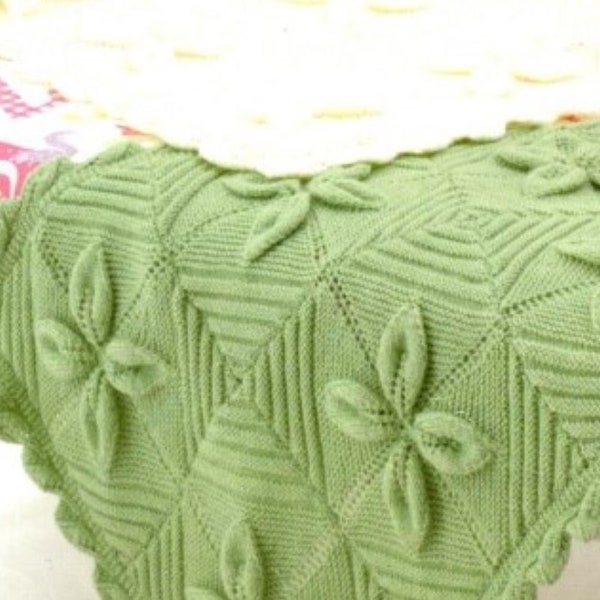 Heirloom Pram & Cot Blankets Leaf-Square Design with Leaf Border in DK yarn,  PDF knitting pattern instant digital download