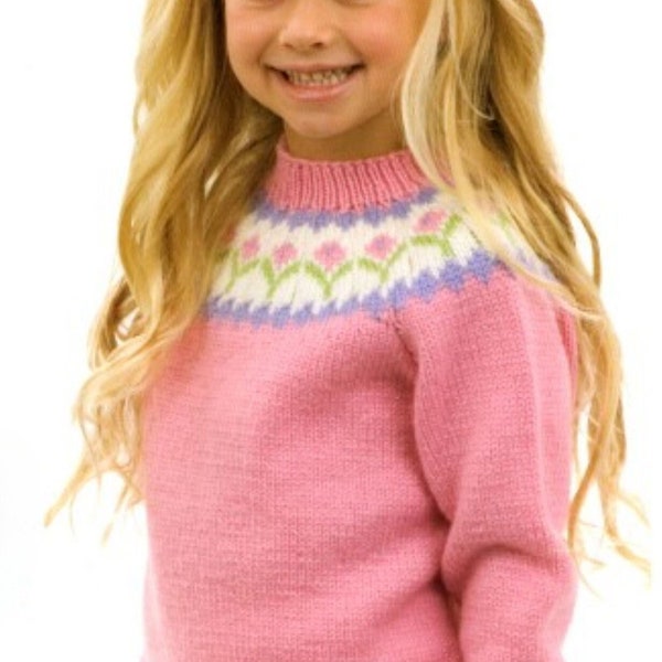Child's fair isle yoke sweater crew neck DK size 60-75cm chest, PDF knitting pattern instant digital download