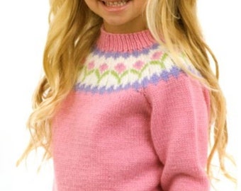 Child&#39;s fair isle yoke sweater crew neck DK size 60-75cm chest, PDF knitting pattern instant digital download