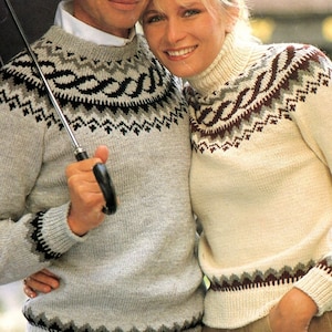 Icelandic design fair isle sweaters with crew neck or polo neck DK size 85-110cm, Knitting Pattern PDF Instant Digital Download