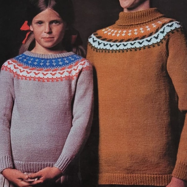 Child - Youth Crew or Polo Neck Jumper Sweater with Fair Isle Yoke, 24-34" DK, Vintage Knitting Pattern, PDF Digital Download