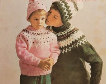Child - Youth Crew Neck Jumper Sweater with Fair Isle Yoke & hat, 24-34&quot; DK, PDF knitting pattern instant digital download