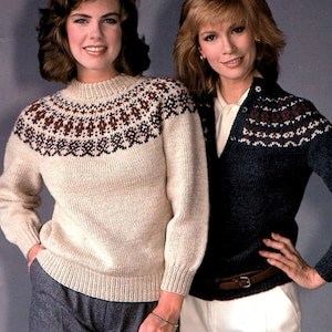 traditional fair isle yoked pullover and cardigan knit in the round 30-36&quot; chest, PDF knitting pattern instant digital download