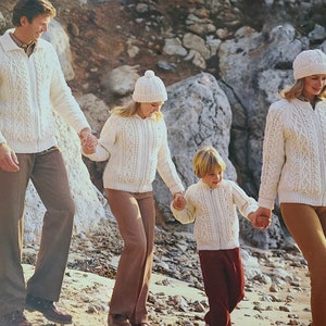 Traditional Aran zipped jackets and hat in family sizes 56-112cm neckband or collar, PDF knitting pattern instant digital download