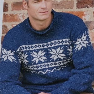Snowflake Fair Isle Norwegian Style Sweater size 30-50&quot; PDF Aran weight yarn, PDF Knitting Pattern Instant Digital Download