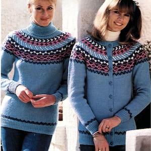 Sweater and Cardigan Roll Neck Fair Isle Yoke 34-38&quot; DK, Vintage Knitting Pattern, PDF, Digital Download
