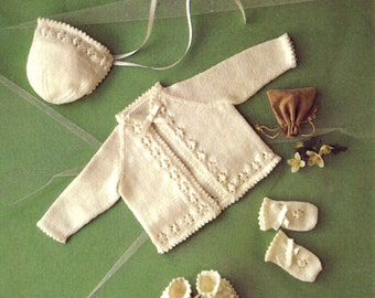 Baby cardigan, bonnet, bootees, mitts 4 ply size birth-9 mths, PDF knitting pattern instant digital download