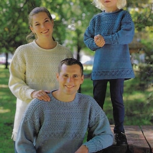 Guernsey style textured family sweater or tunic 26-48&quot; roll or crew neck, drop shoulders DK, PDF knitting pattern instant digital download