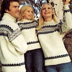 Family Fair Isle Norwegian Style Roll/Crew Neck Sweater 26-42&quot; DK Vintage Knitting Pattern, PDF Digital Download