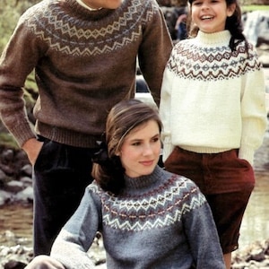 Family Sweater Fair Isle Nordic Yoke 1970&#39;s knit in the round 26-40&quot; worsted, PDF knitting pattern instant digital download