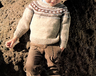 Kids jersey with fair isle yoke and mitts with fair isle bands DK size 55-65cm, PDF Instant Digital Download