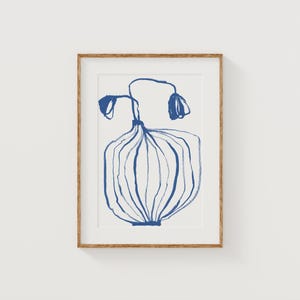 Póster botánico abstracto con línea azul minimalista, impresión artística, naturaleza muerta con jarrón y flores, decoración del hogar dibujada a mano, impresión de bellas artes.