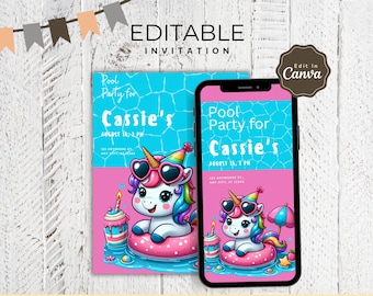 Unicorn Pool Party Invitation Canva Template | Editable Birthday Invite | Cute Summer Swim Card | Printable Kids Celebration Rainbow Unicorn