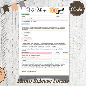 Daycare Template Childcare Printables Canva Template Daycare Forms Childcare Templates Daycare Photo Release Form In Home Daycare Templates