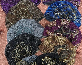 Shimmery Knotted Turban Headband: African Floral Print, Stretchy Head Cover