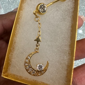 Moon Dangle Belly Ring: Surgical Steel, Cubic Zirconia Dainty CZ 14 Gauge hypo allergic