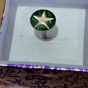 Pu&ograve; includere: Un orecchino a bottone color argento con un design a stella dorata su sfondo verde glitterato. L'orecchino &egrave; presentato all'interno di una piccola scatola decorativa con un motivo floreale viola e oro. La scatola misura circa 2,5 cm di larghezza.