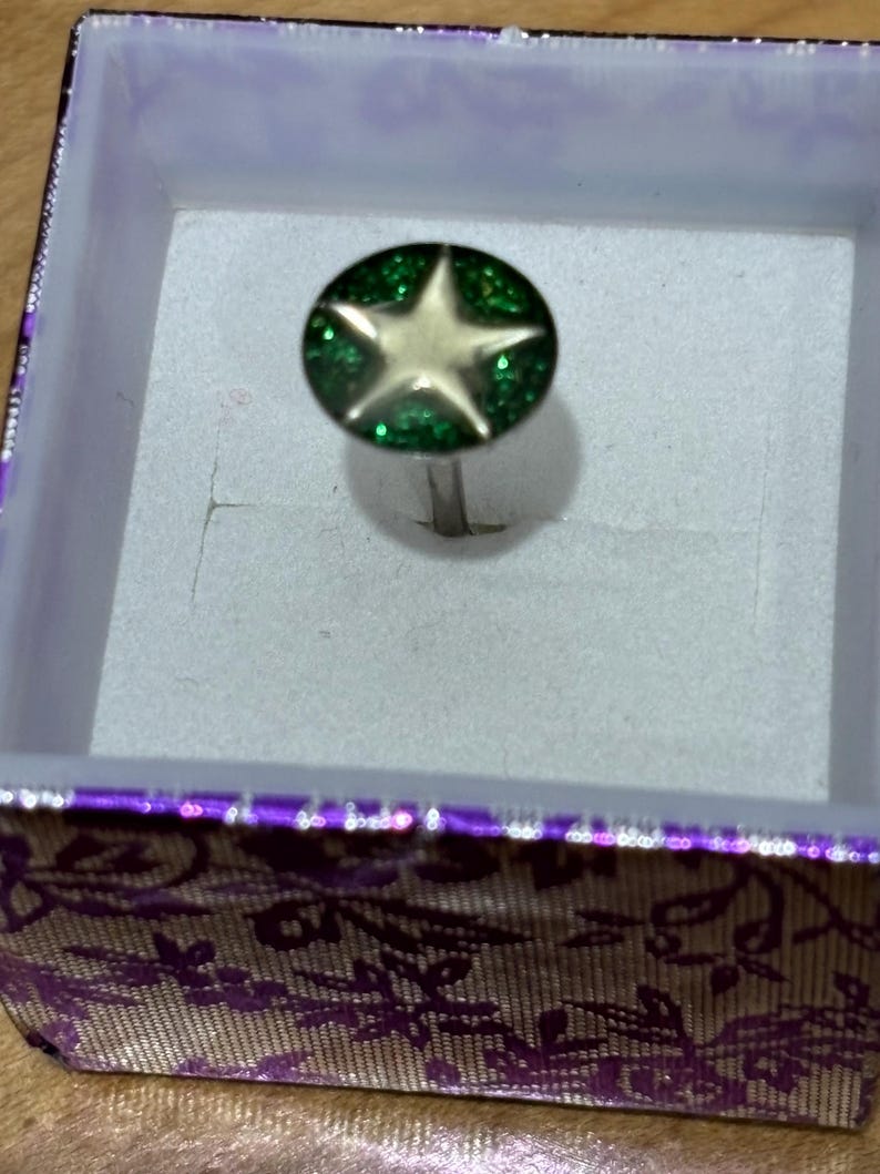 Pu&ograve; includere: Un orecchino a bottone color argento con un design a stella dorata su sfondo verde glitterato. L'orecchino &egrave; presentato all'interno di una piccola scatola decorativa con un motivo floreale viola e oro. La scatola misura circa 2,5 cm di larghezza.