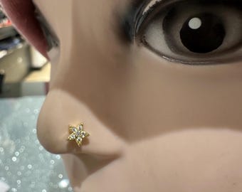 Könnte beinhalten: Ein goldfarbener Nasenstecker in Form eines fünfzackigen Sterns. Der Stern ist mit kleinen, klaren, funkelnden Steinen besetzt, die das Licht einfangen und für ein helles und reflektierendes Erscheinungsbild auf der Oberfläche des Schmuckstücks sorgen.