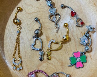 Surgical Steel Cubic Zirconia Heart, leaf, star Dangle Belly Ring 14 Gauge Naval Piercing