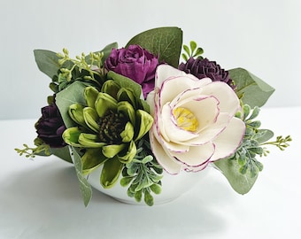 Purple & Green Sola Wood Flower Arrangement in White Ceramic Bowl - Wood Flower Bouquet - Sola Flower Centerpiece