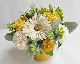 Daisy & Yellow Sola Wood Flower Arrangement in a Yellow Vase