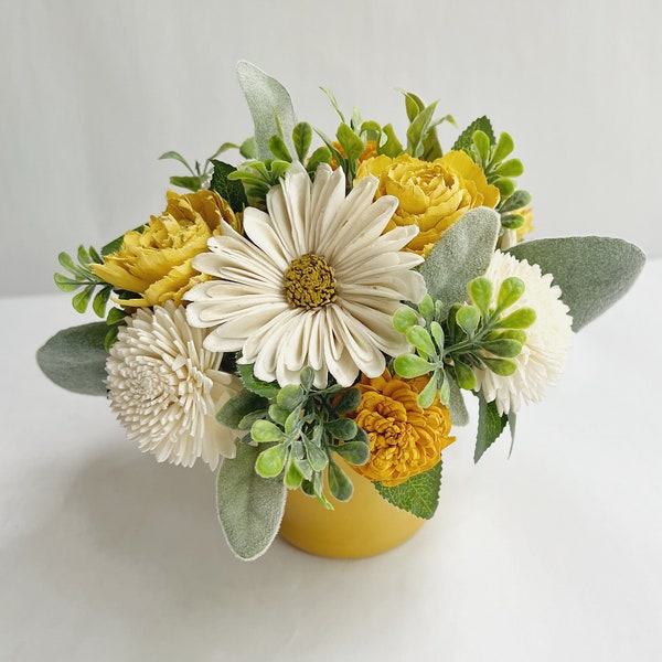 Daisy & Yellow Sola Wood Flower Arrangement in a Yellow Vase