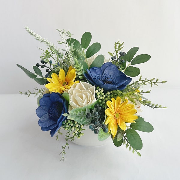 Blue Wood Flower Arrangement - Sola Flower Bouquet - Flower Centerpiece