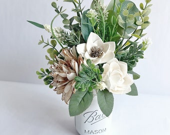 White Wood Flower Mason Jar Arrangement