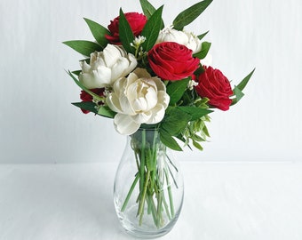 Red Rose & White Peony Sola Wood Flower Bouquet - One Dozen Flowers