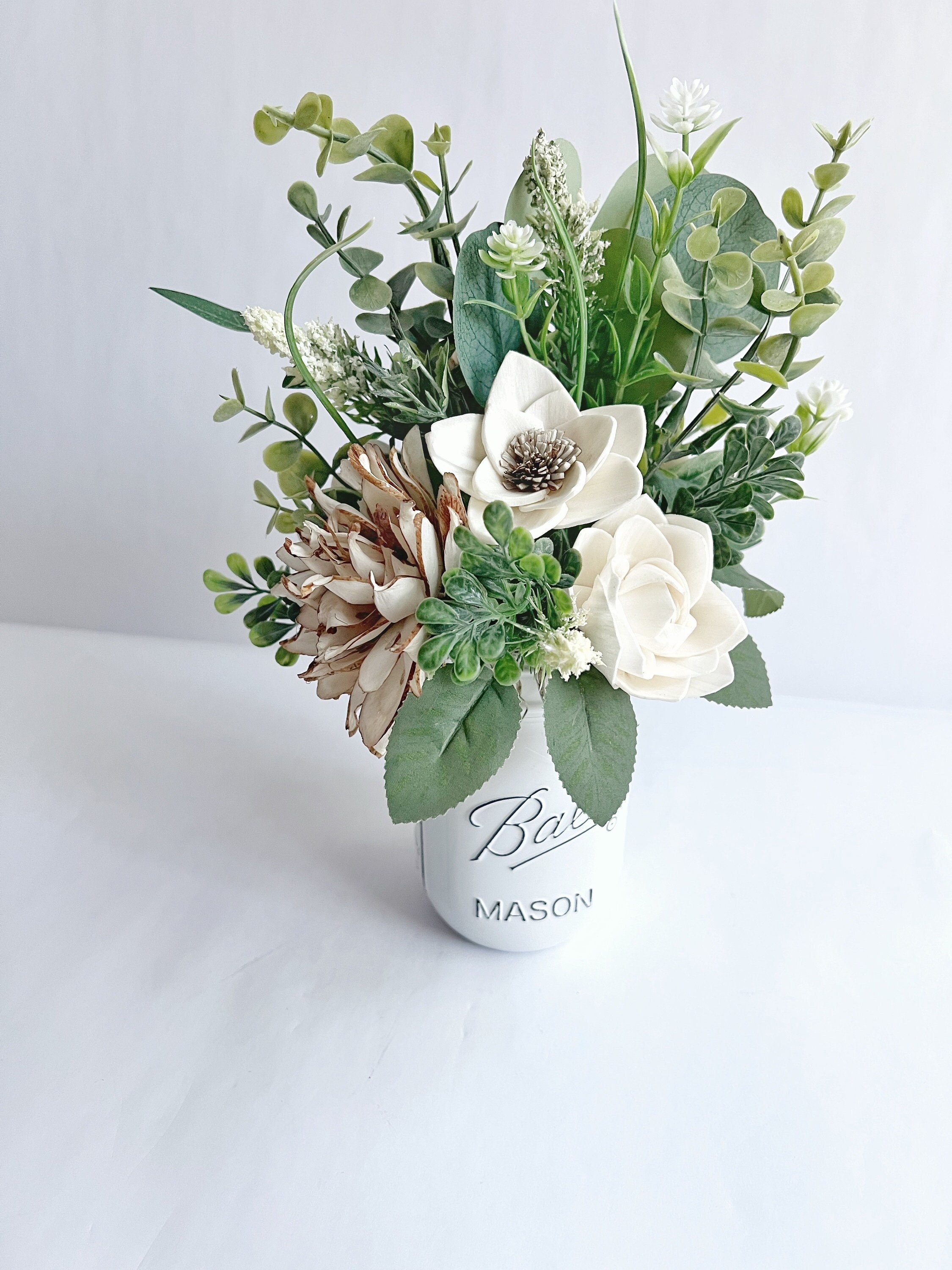 White Wood Flower Mason Jar Arrangement
