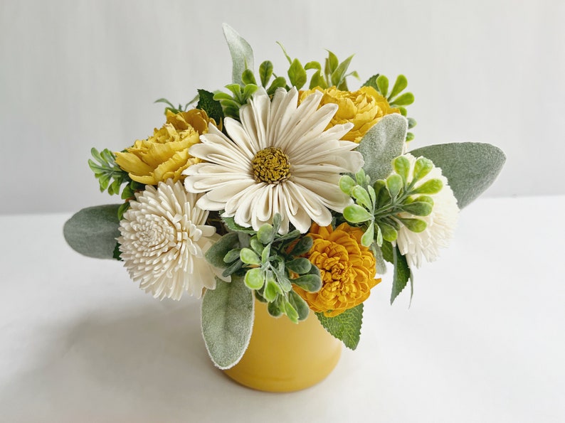 Daisy & Yellow Sola Wood Flower Arrangement in a Yellow Vase image 2