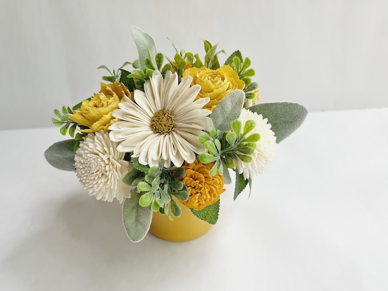 Daisy & Yellow Sola Wood Flower Arrangement in a Yellow Vase image 1