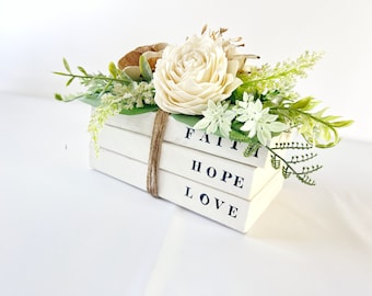 Wood Flower Book Stack - Faith, Hope, Love