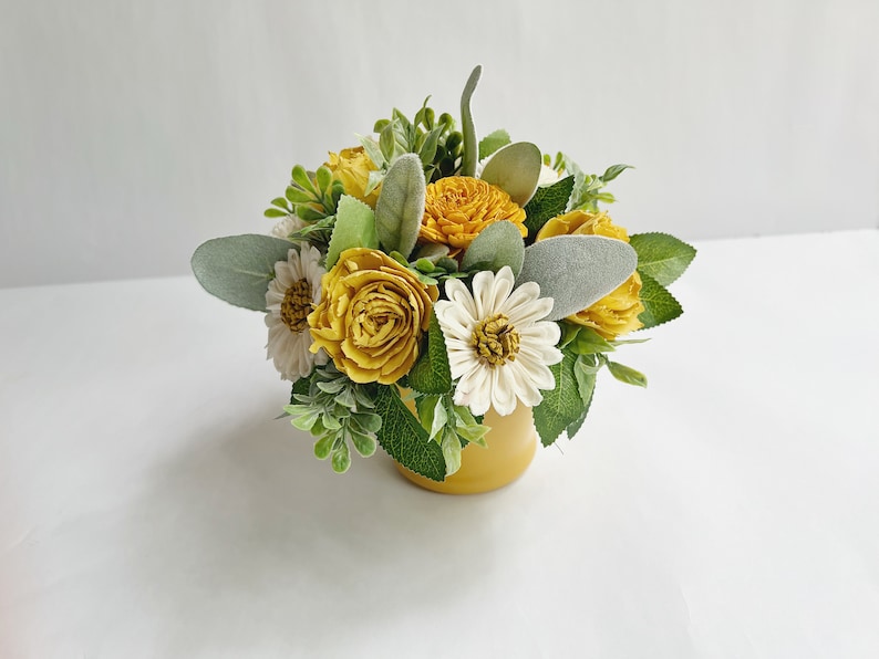 Daisy & Yellow Sola Wood Flower Arrangement in a Yellow Vase image 3