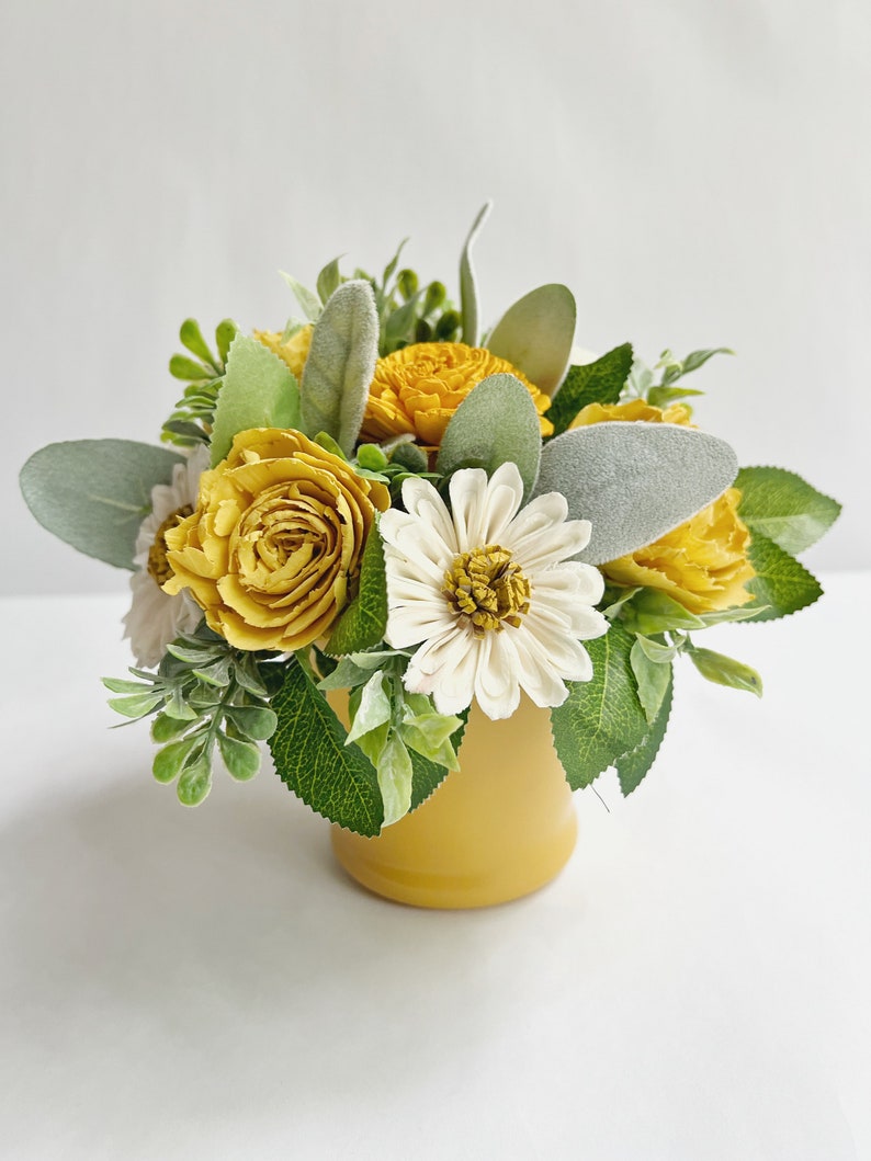 Daisy & Yellow Sola Wood Flower Arrangement in a Yellow Vase image 4