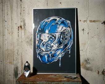 24x36 Oversized Wall Art, Chrome Y2K Aesthetic Poster, Large Abstract Moto Helmet Print, Giclee Statement Piece for Living Room or Office