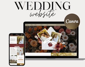 May include: A wedding website template displayed on a laptop and a smartphone. The website design includes photos, floral arrangements, and the text "Olivia & Jackson" and "Our Story." The words "WEDDING website" are in a stylish font. The text "LIVE PREVIEW IN THE DESCRIPTION" is also visible.