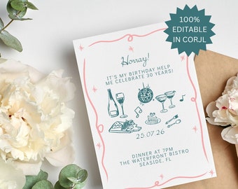 Birthday Invite Template, Hand Drawn Birthday Invite, Textable Invite, Illustrated Birthday Invitation, Customizable Bday Invite, 30th, 25th