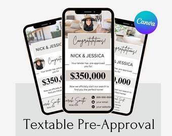 Pode incluir: Um anúncio de pré-aprovação para Nick & Jessica para um empréstimo hipotecário de € 350.000. O anúncio inclui uma foto de uma corretora de imóveis, Sarah Smith, e as informações de contato. O texto diz "Parabéns! Seu credor pré-aprovou você para € 350.000. Agora começamos oficialmente nossa busca para encontrar a casa perfeita para você!"