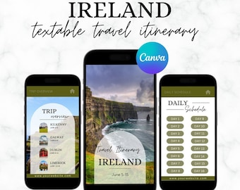 May include: A mockup of a phone screen showing a travel itinerary for Ireland. The itinerary includes a trip overview with stops in Kilkenny, Galway, Dublin, and Limerick. The daily schedule includes a list of activities for each day of the trip. The itinerary is titled "Travel Itinerary Ireland" and the dates are June 5-15.