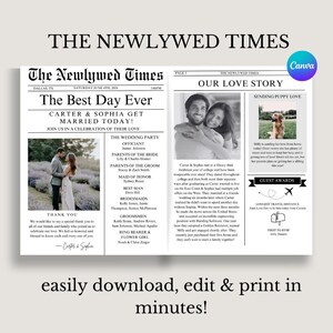 Plantilla de programa de boda de periódico, programa de periódico de boda editable, infografía de boda imprimible, programa del día de la boda doblado, descargar