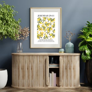 May include: A printable wall art print with a lemon pattern and the Bible verse Jeremiah 29:11, "For I know the plans I have for you," in black text.